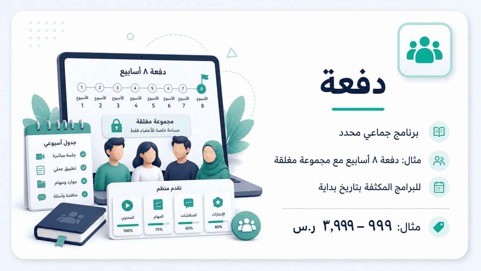 دفعة — برنامج جماعي محدد. مثال: دفعة ٨ أسابيع مع مجموعة مغلقة. مثال: ٩٩٩–٣٬٩٩٩ ر.س