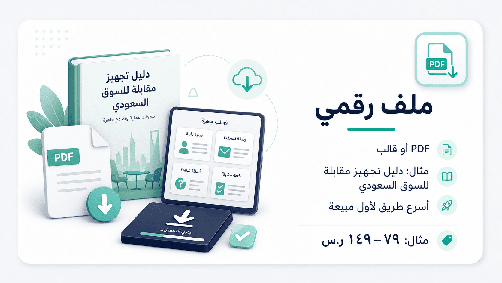 ملف رقمي — PDF أو قالب. مثال: دليل تجهيز مقابلة للسوق السعودي. مثال: ٧٩–١٤٩ ر.س