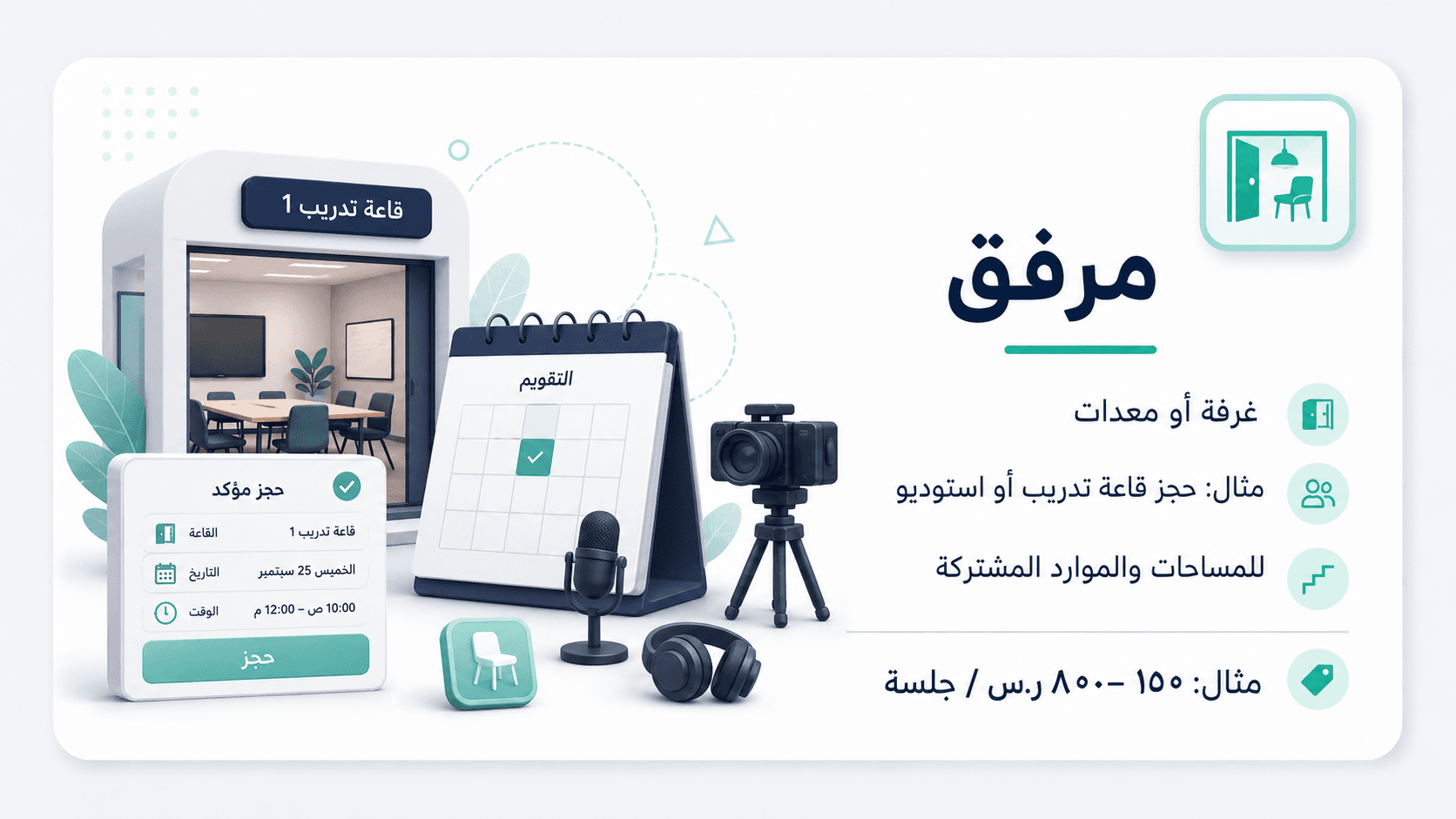 مرفق — غرفة أو معدات. مثال: حجز قاعة تدريب أو استوديو. مثال: ١٥٠–٨٠٠ ر.س / جلسة